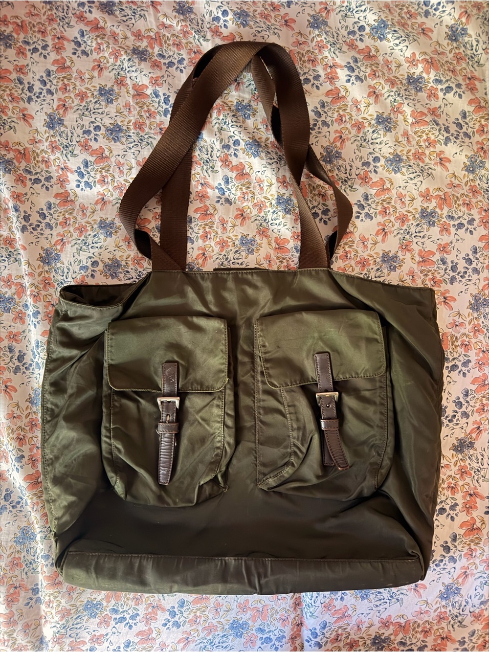 Prada Olive Nylon Messenger Bag with Brown Straps